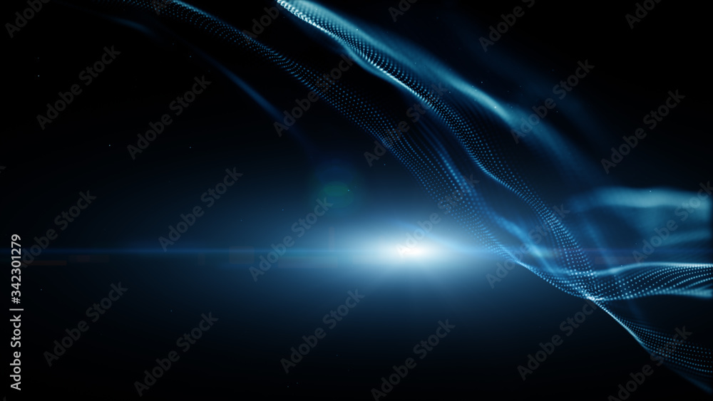 Poster blue color digital particles wave flow and lighting. technology abstract background concept. with co