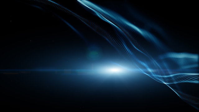 Blue color digital particles wave flow and lighting. Technology abstract background concept. with copy space