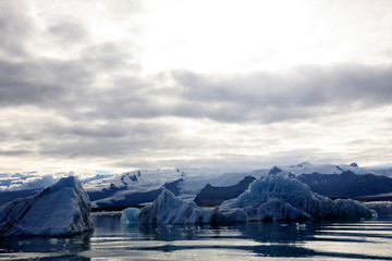Jokulsarlon / Iceland - August 29, 2017: Ice formations and icebergs in Glacier Lagoon, Iceland,...