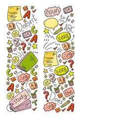 English courses. Doodle vector concept illustration of learning english language.