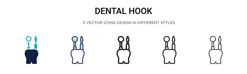 Dental hook icon in filled, thin line, outline and stroke style. Vector illustration of two colored and black dental hook vector icons designs can be used for mobile, ui, web
