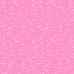 Cute rabbits seamless vector pattern. Many scattered sitting and jumping hares. Isolated. Pink, black, white colors. Symbol of Easter. For printing on fabrics, paper, social media posts, banners.
