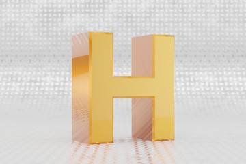 Yellow 3d letter H uppercase. Glossy yellow metallic letter on metal floor background. 3d rendered font character.