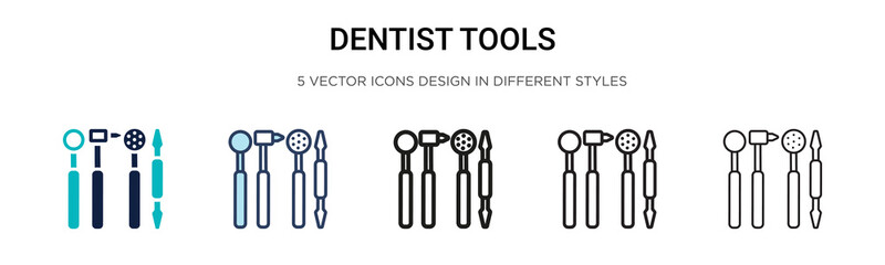 Dentist tools icon in filled, thin line, outline and stroke style. Vector illustration of two colored and black dentist tools vector icons designs can be used for mobile, ui, web