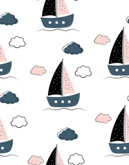 Door stickers Sea waves sailboats baby seamless pattern on white background