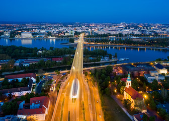 Hungary Budapest. Aerial view about Arpad bridge and tram station. Margaret island and Pest side on...