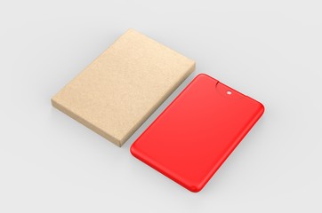 Blank Small Pocket Perfume Plastic Container With paper box packaging For Branding, 3d render illustration.