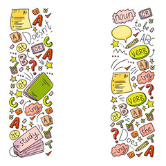 English courses. Doodle vector concept illustration of learning english language.