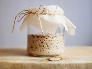 Homemade bread sourdough in a glass jar.