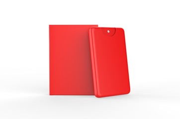 Blank Small Pocket Perfume Plastic Container With paper box packaging For Branding, 3d render illustration.