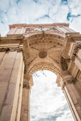 Detail of Rua Augusta triumphal Arch in the historic center of the city of Lisbon in Portugal. Blue...
