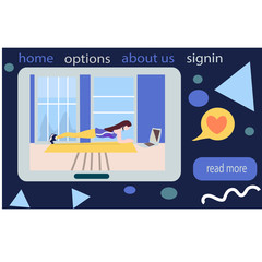 girl doing yoga exercise workout online at home,landing page concept