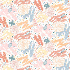 Abstract seamless pattern. Hand drawn flowers, dots, brush strokes and abstract shapes