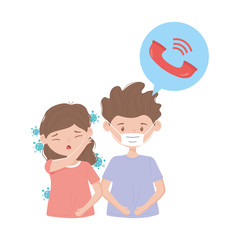covid 19 quarantine, sick couple with mask and cough call support medical