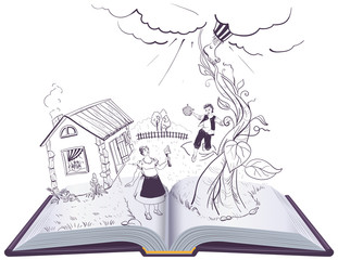 Jack and the Beanstalk open book illustration english fairy tale