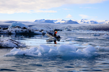 Jokulsarlon / Iceland - August 29, 2017: A Zodiac boat in Glacier Lagoon, Iceland, Europe