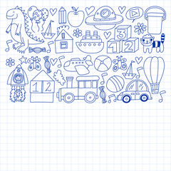 Kindergarten preschool school children. Kids drawing style vector pattern. Play grow learn together.