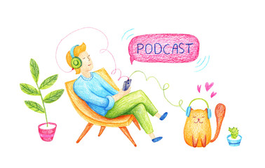 Podcast concept illustration. Webinar, online training, tutorial podcast concept. Young man listening to podcasting sitting on chair. An unusual illustration is made with colored pencils.