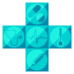 Fototapeta na wymiar Medical cross symbol, first aid sign made of medical icons. Vector illustration.