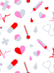 Seamless pattern with medical icons, on a white background, vector illustration.