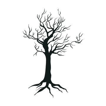 Black Tree Isolated On A White Background Hand Drawn Illustration	