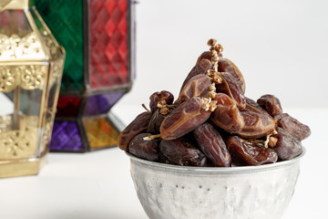 Dates fruit on white background. Medjool dried date palm fruits