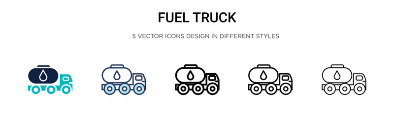 Fuel truck icon in filled, thin line, outline and stroke style. Vector illustration of two colored and black fuel truck vector icons designs can be used for mobile, ui, web