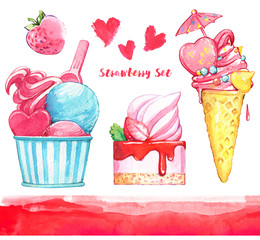 ice cream cake strawberry sweet background brush watercolor isolated red set cafe object