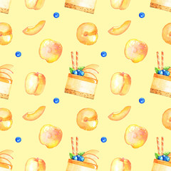 Apricot blueberry cake slice slice summer warm delicate background paper packaging cafe restaurant promotion watercolor seamless pattern