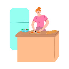 Young woman cutting ingredients and cooking salad vector illustration