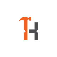 Letter K with with hammer renovation, building services, repair, construction logo design template. Orange and Grey color icon.  Isolated on white background. Vector illustration in eps 10. 