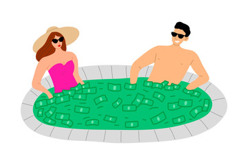 Young rich couple relaxing in swimming pool full of money vector illustration