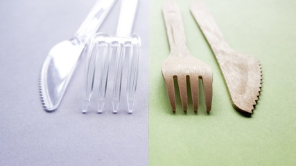 Comparison of plastic and bamboo wooden fork, knife. Eco-friendly disposable cutlery. Caring for environment
