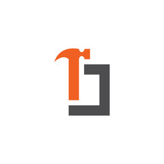 Letter O with with hammer renovation, building services, repair, construction logo design template. Orange and Grey color icon.  Isolated on white background. Vector illustration in eps 10. 