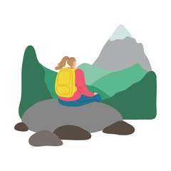 Young woman traveler with backpack sitting on stone and enjoying landscape