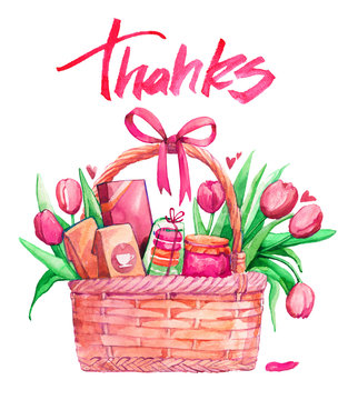 Holiday Basket Gift Sweets Flowers Tulips Mother's Day Bow Watercolor Isolated Pink Calligraphy Thank You Card Tea Jam Heart Bow