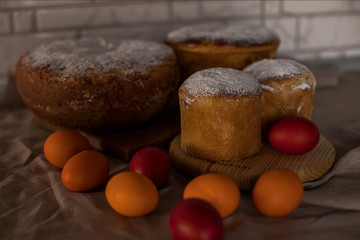 Multi-colored eggs and Easter cake. Easter. crash