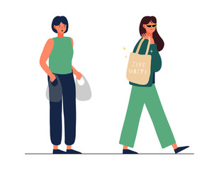 Go to zero waste and say no to Plastic bag. Environmentalism and Plastic awareness Concept. People use eco bag. Eco friendly character. Save the planet. Earth day. Shopping reusable grocery cloth bag.
