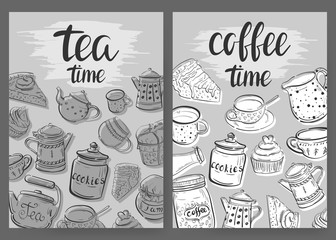 Tea Time / Coffee Time. Two flyers with cups, teapots and sweets.