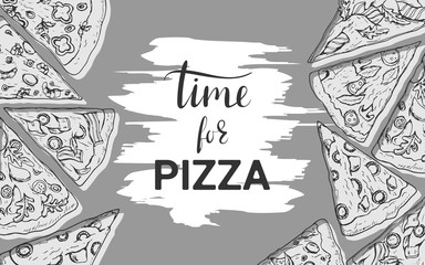 Pizza time. Banner with hand drawn slices of pizza. Black background, chalkboard