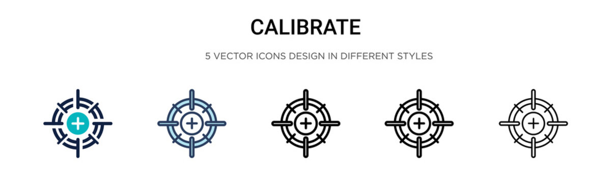 Calibrate icon in filled, thin line, outline and stroke style. Vector illustration of two colored and black calibrate vector icons designs can be used for mobile, ui, web