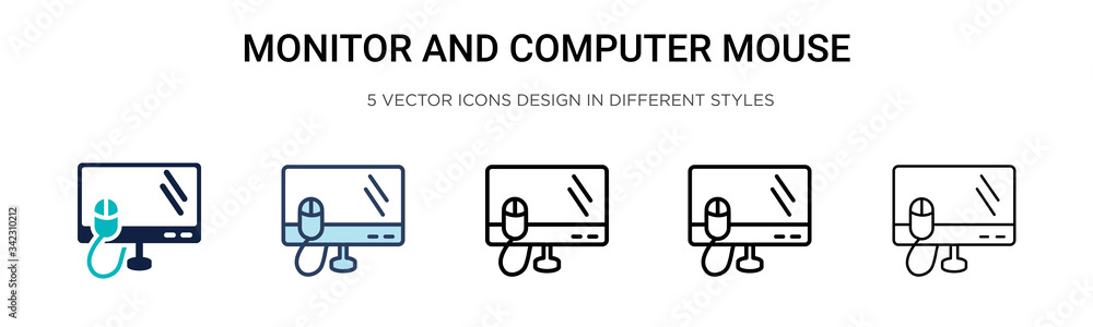 Poster monitor and computer mouse icon in filled, thin line, outline and stroke style. vector illustration 