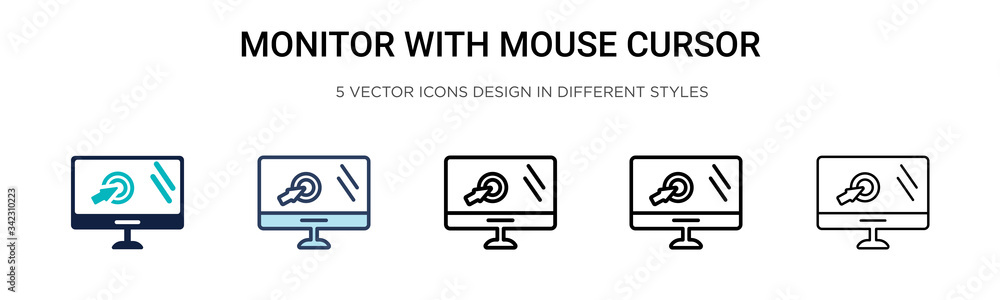 Aufkleber monitor with mouse cursor icon in filled, thin line, outline and stroke style. vector illustration o