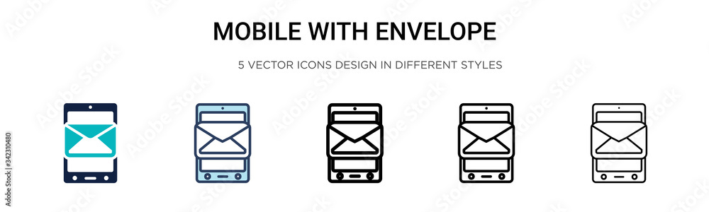 Poster mobile with envelope icon in filled, thin line, outline and stroke style. vector illustration of two