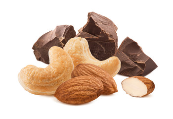 Cashew and almond nuts plus chocolate chunks isolated on white background. Package design element...