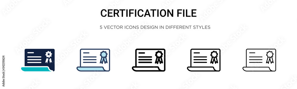 Poster certification file icon in filled, thin line, outline and stroke style. vector illustration of two c