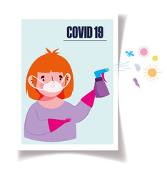 covid 19 coronavirus, boy with mask and disinfectant spray