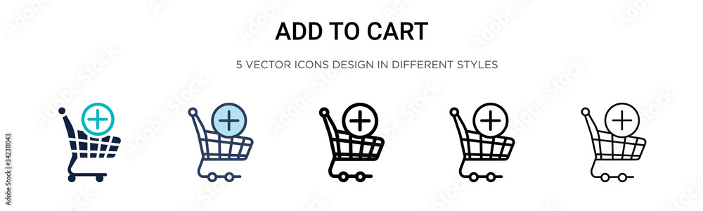 Poster add to cart icon in filled, thin line, outline and stroke style. vector illustration of two colored 
