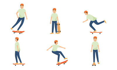 Plakat Set of skateboard teenage boy in helmet skates and performs various complex tricks. Vector illustration in flat cartoon style