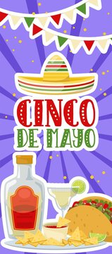 Cinco de mayo vertical banner, mexican traditional fiesta. Tacos, nachos chips and and tequila. Vector